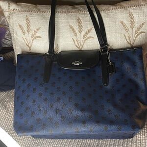 Coach Badlands City Tote Midnight Blue and Black Flower Silver Hardware Coach